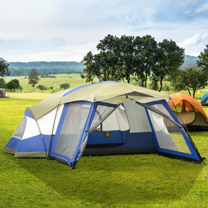 Outsunny Camping Tent 6-8 Persoons Familietent met Vestibule Glasvezel Blauw