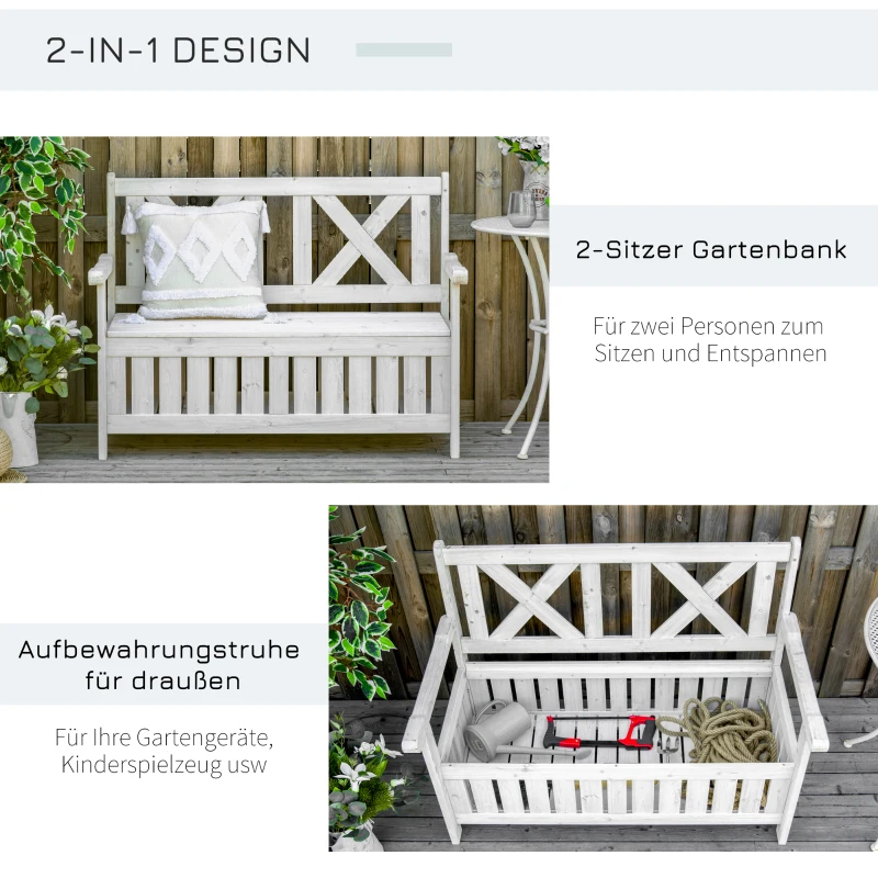 Outsunny bank met opbergruimte 2-zits tuinkist borstbank kussen borst wit