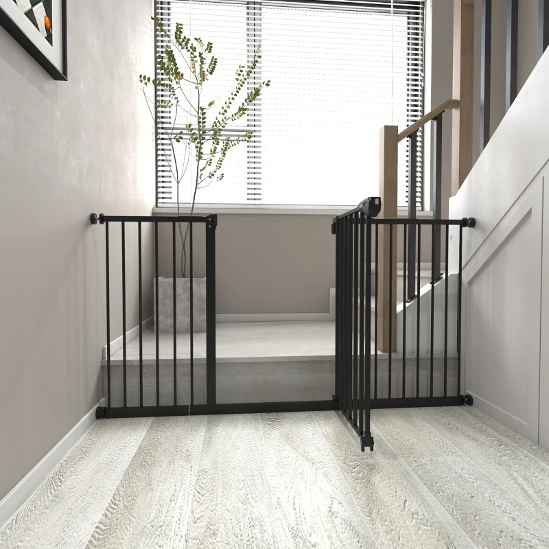 PawHut Dog Gate Stair Gate Pressure Fit Pets Barrier Auto Close for Doorway Hallway, 74-148cm Wide Adjustable, Black