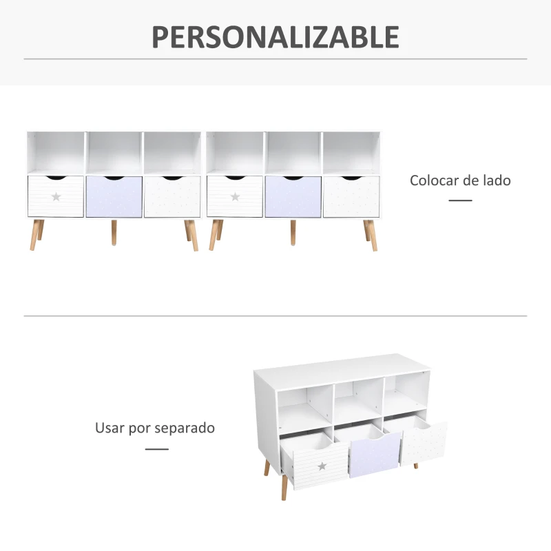 HOMCOM Aparador Infantil de Salón con 3 Cajones y 3 Compartimentos Abiertos para Libros Juguetes Armario Auxiliar de Almacenamiento para Dormitorio Cocina 100x39x69 cm Blanco