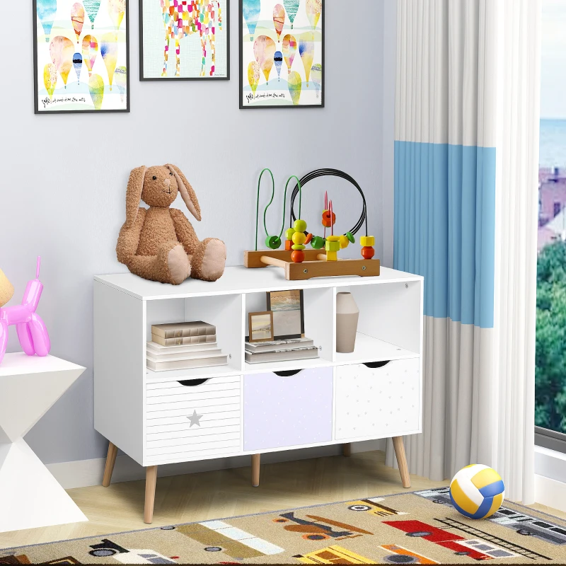HOMCOM Aparador Infantil de Salón con 3 Cajones y 3 Compartimentos Abiertos para Libros Juguetes Armario Auxiliar de Almacenamiento para Dormitorio Cocina 100x39x69 cm Blanco