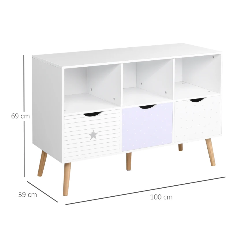 HOMCOM Aparador Infantil de Salón con 3 Cajones y 3 Compartimentos Abiertos para Libros Juguetes Armario Auxiliar de Almacenamiento para Dormitorio Cocina 100x39x69 cm Blanco