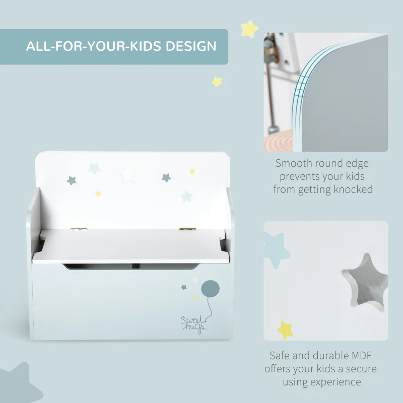 HOMCOM Kids Wooden Toy Storage Box Organizer Chest Chair 2 in 1 Design with Gas Stay Bar Seating Bench 23.5" x 11.75" x 19.75" Light Blue