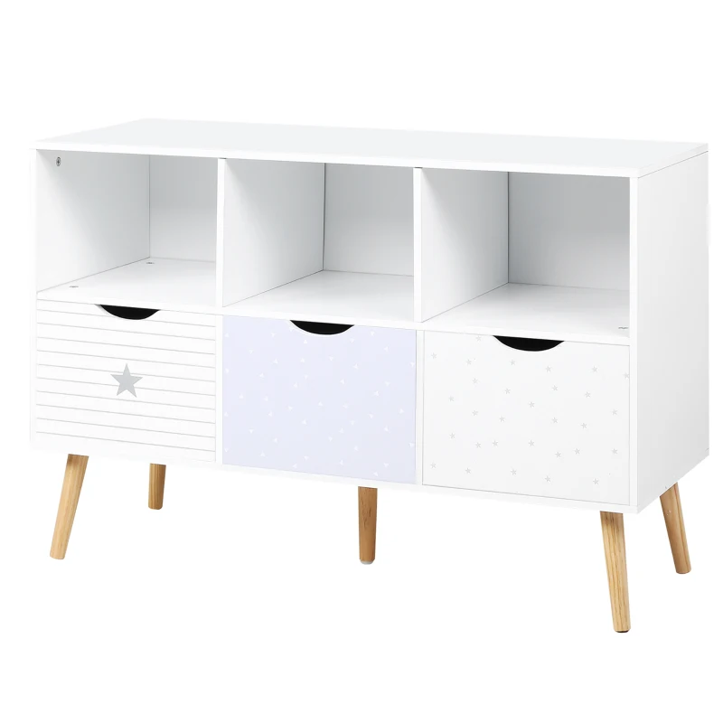 HOMCOM Aparador Infantil de Salón con 3 Cajones y 3 Compartimentos Abiertos para Libros Juguetes Armario Auxiliar de Almacenamiento para Dormitorio Cocina 100x39x69 cm Blanco