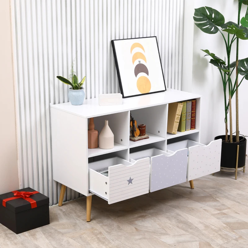 HOMCOM Aparador Infantil de Salón con 3 Cajones y 3 Compartimentos Abiertos para Libros Juguetes Armario Auxiliar de Almacenamiento para Dormitorio Cocina 100x39x69 cm Blanco