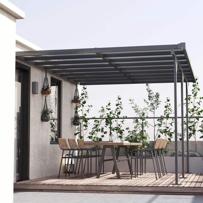 Outsunny Outdoor Patio Wall-mounted 4.35 x 3(m) Gazebo Pergola, Aluminum Post, PC Roof