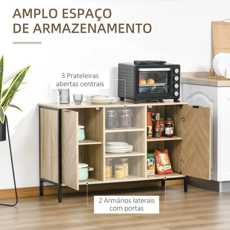 HOMCOM Aparador de Cozinha com 2 Portas Prateleiras Ajustáveis e 3 Compartimentos Abertos Móvel Auxiliar para Sala de Jantar e Sala de Estar 120x39,2x76cm Carvalho