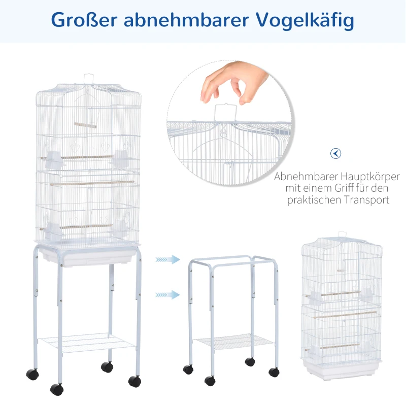 PawHut® Vogelhaus Vogelkäfig Vogelvoliere für Papagei Wellensittich Vogelbauer mit rollbarem Ständer Weiß 47,5 x 37 x 153 cm