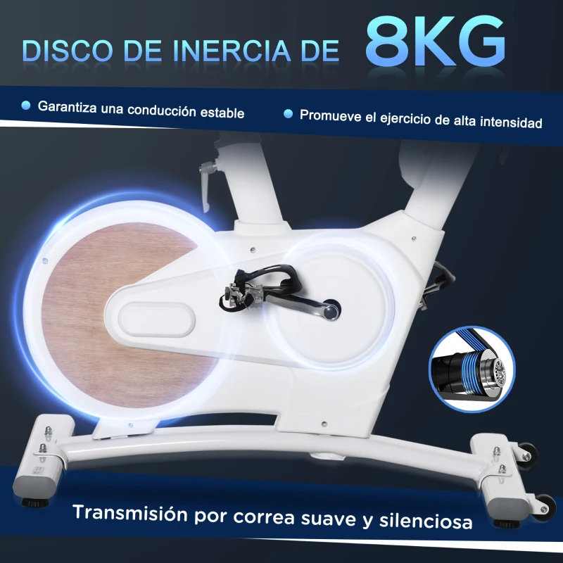 HOMCOM Bicicleta Estática Bicicleta de Fitness Ciclo Indoor con Asiento y Manillar Ajustables en Altura Resistencia 8 kg Variable Pantalla LCD Pulsómetro y Ruedas para Hogar 125x50x98-107 cm Blanco