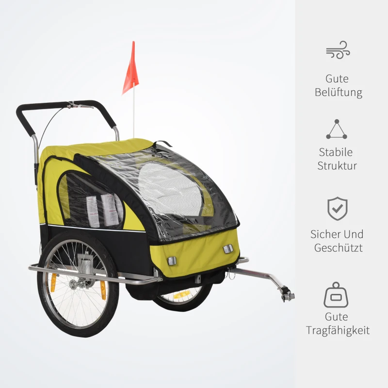 HOMCOM Kinderanhänger Fahrradanhänger Kinder Radanhänger für 2 Kinder mit Fahne Regenschutz atmungsaktiv Gelb-Schwarz Stahl 142 x 85 x 105 cm