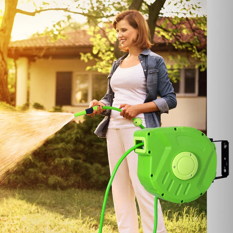 Outsunny Automatische Slanghaspel 10+1m met 180° Draaibare Wandmontage voor Gemakkelijke Tuinbewatering - Groen