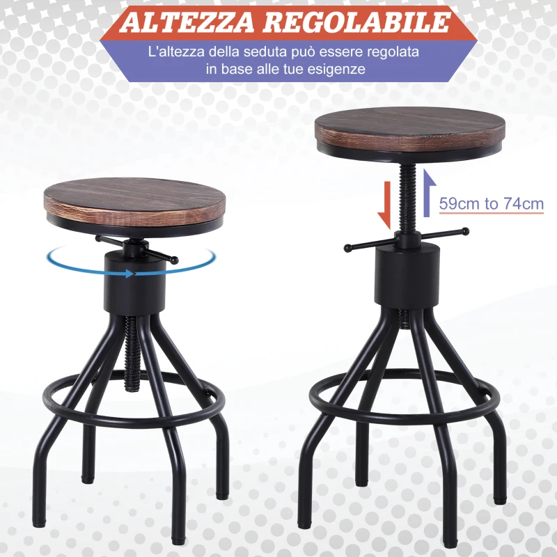 HOMCOM Sgabello da Bar Stile Industriale, Seduta in Legno e Altezza Regolabile, Sgabello Cucina con Struttura in Metallo, 40x40x59-74cm, Marrone e Nero