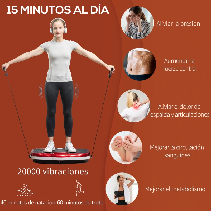 HOMCOM Plataforma Vibratoria con Pantalla LED Velocidad Ajustable USB Mando a Distancia y Banda Elástica 78x45x13 cm Negro y Rojo