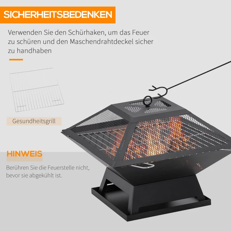 Outsunny Fire Pit with Spark Screen Grate Poker Fire Basket Patio Outdoor BBQ Steel Black 45 x 45 x 34 cm
