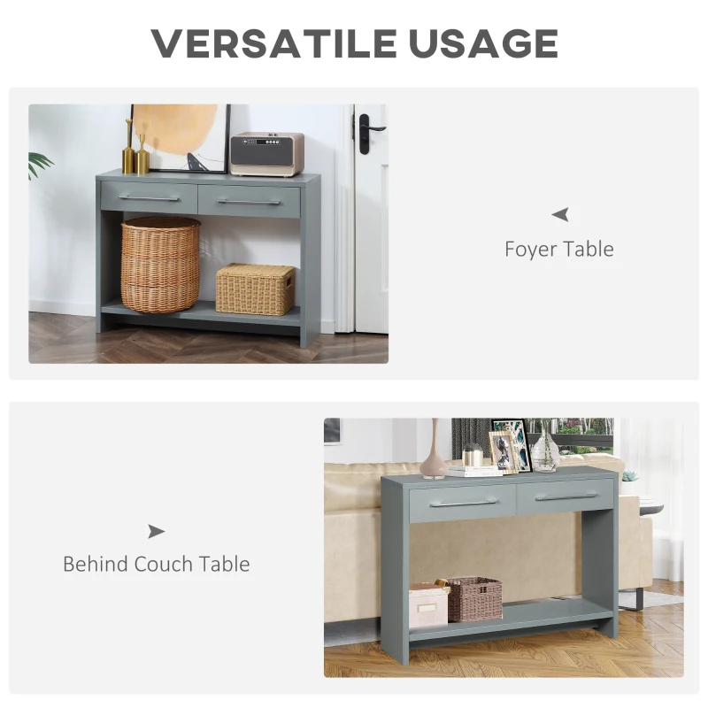 HOMCOM Console Table, Side Table with Bottom Shelf and Storage Drawers, Narrow Sofa Table, Hallway Table for Living Room, Entryway, Grey