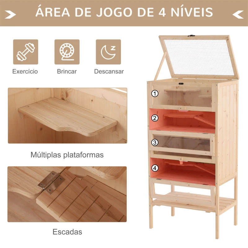 PawHut Gaiola de madeira para hamsters e outros pequenos roedores 60x40x120cm Madeira natural