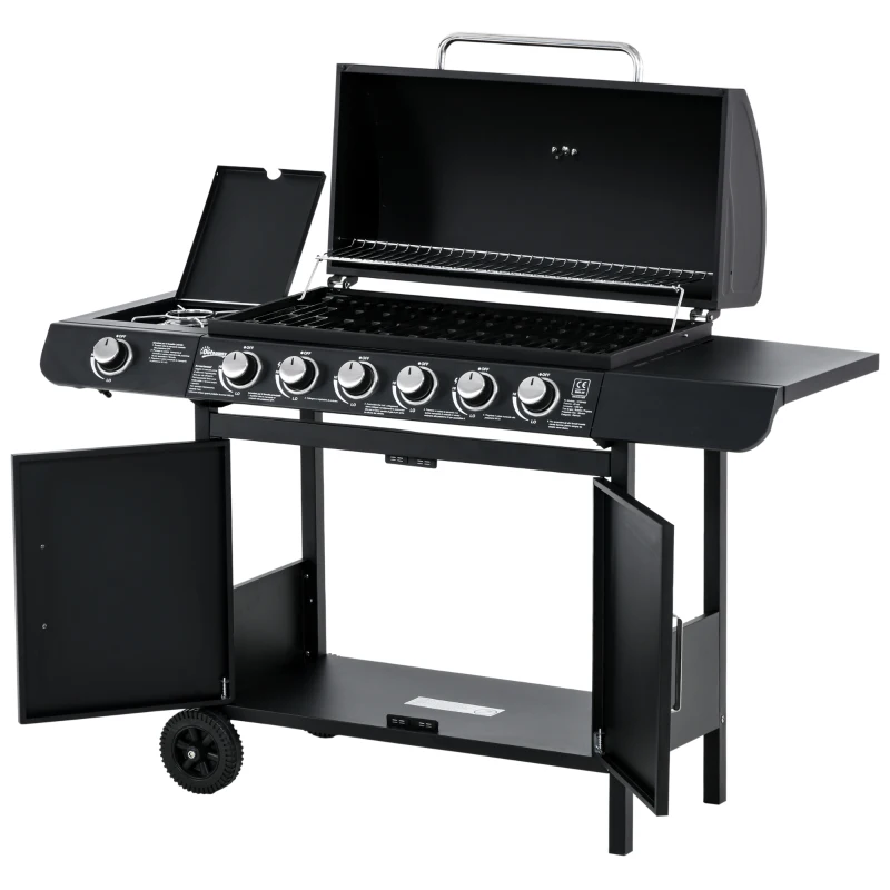 Outsunny gasgrill BBQ-grillwagen met 6 branders 1 zijbrander kast multifunctioneel metaal zwart 135 x 50 x 100 cm