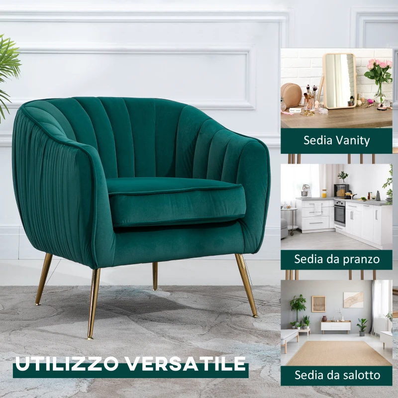 HOMCOM Poltrona da Salotto Imbottita con Braccioli e Schienale, Design Moderno, Gambe in Metallo, 71x72x73 cm, Verde
