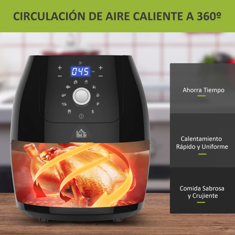 HOMCOM Freidora sin Aceite 5.5L Freidora de Aire 1700W con Pantalla LED Táctil 8 Programas Temporizador Temperatura Ajustable y Apagado Automático 41x33x37 cm Negro