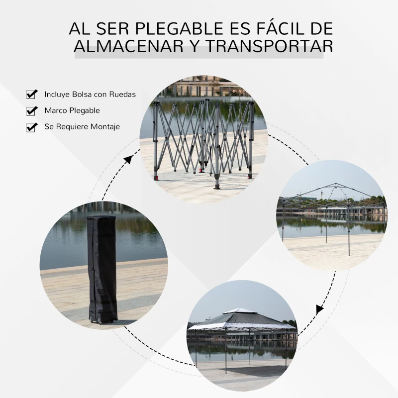 Outsunny Carpa de Fiesta Plegable 3,6x3,6 m Altura Ajustable en 3 Posiciones con Doble Techo y Bolsa de Transporte con Ruedas Marco de Acero Impermeable Gazebo para Jardín Exterior Gris y Blanco