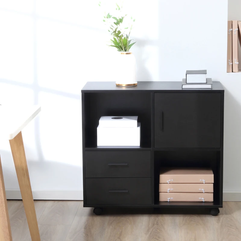 Vinsetto Printer Stand with Wheels, Mobile Printer Table with Open Shelves, Drawers and Enclosed Compartment for Home Office, 80W x 38.5D x 74.5Hcm, Black