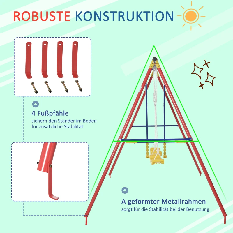 Outsunny Huśtawka dziecięca, huśtawka ogrodowa, rama huśtawki, 2 huśtawki z bujakiem o regulowanej wysokości, metalowa rama, 3–5 lat
