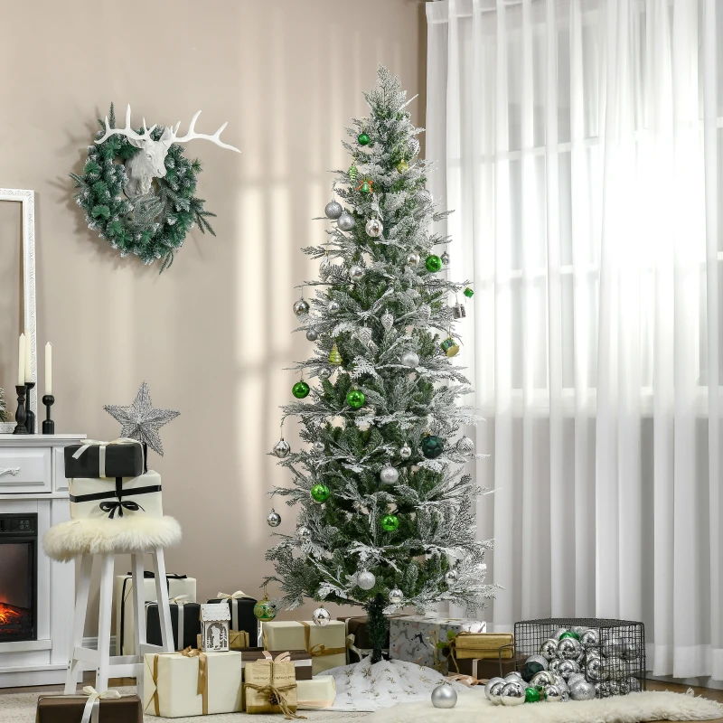 HOMCOM 7 Ft Pencil Snow Flocked Artificial Christmas Tree with Realistic Cypress Branches, Auto Open, Green