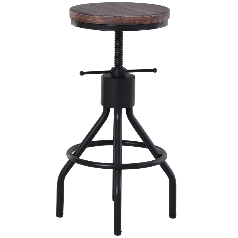 HOMCOM Sgabello da Bar Stile Industriale, Seduta in Legno e Altezza Regolabile, Sgabello Cucina con Struttura in Metallo, 40x40x59-74cm, Marrone e Nero