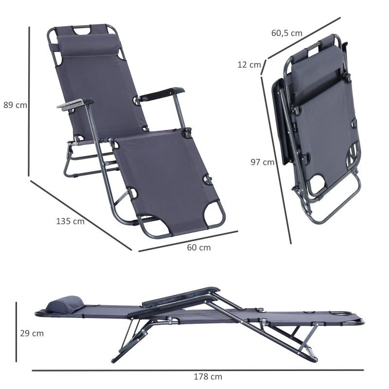 Outsunny Ligbank voor buiten strandstoel tuinstoel inklapbaar verstelbaar kussen grijs