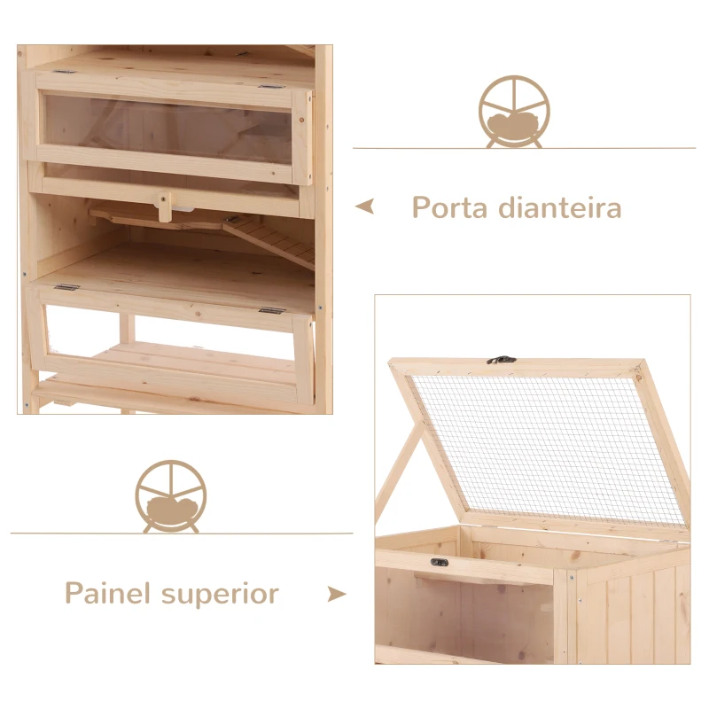 PawHut Gaiola de madeira para hamsters e outros pequenos roedores 60x40x120cm Madeira natural