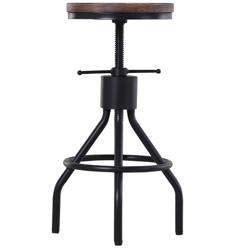 HOMCOM Sgabello da Bar Stile Industriale, Seduta in Legno e Altezza Regolabile, Sgabello Cucina con Struttura in Metallo, 40x40x59-74cm, Marrone e Nero
