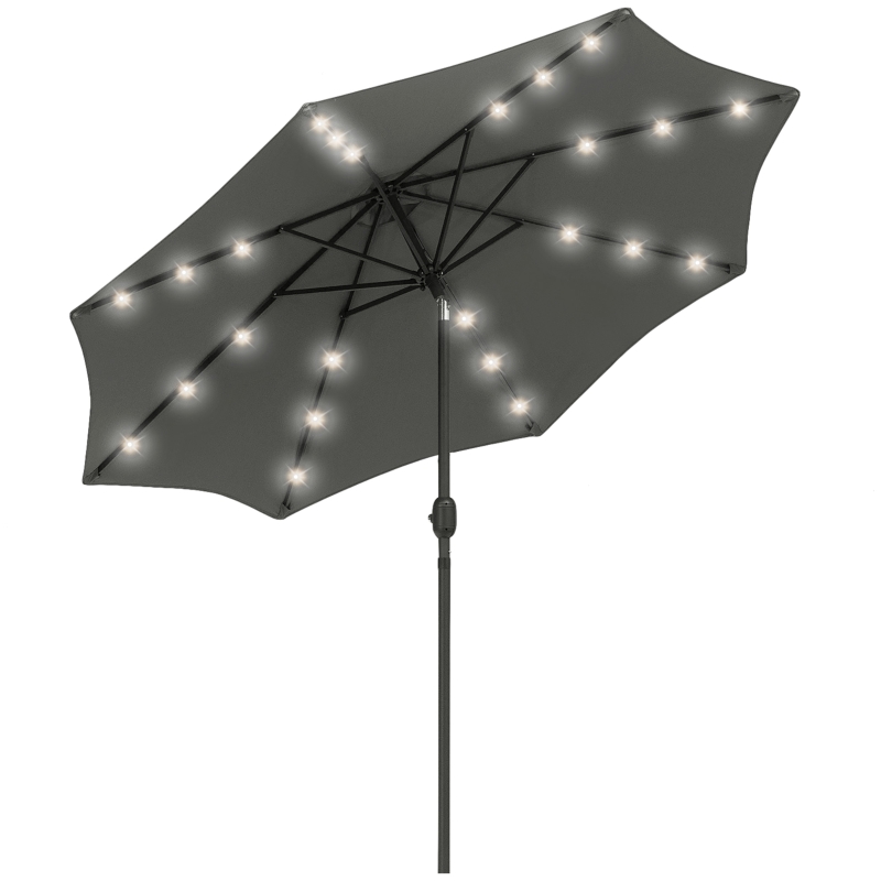 Outsunny Sombrilla Parasol de Jardín Ø270x240 cm con 24 Luces LED Solar Mecanismo de Inclinación Manivela y Poste Desmontable de Metal para Terraza Piscina Patio Gris