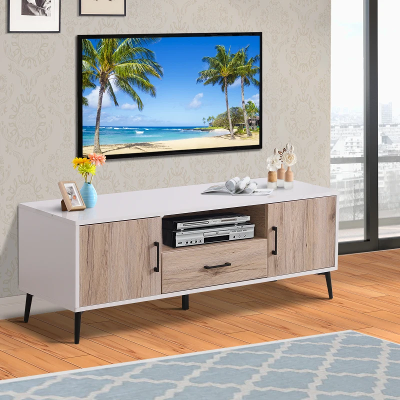 HOMCOM TV Stand Cabinet for TVs up to 50 Inches with 2 Doors 1 Drawer, TV Unit for Living Room, Bedroom, Oak Colour and White
