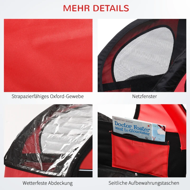 HOMCOM Kinderanhänger Fahrradanhänger Kinder Radanhänger für 2 Kinder mit Fahne Regenschutz atmungsaktiv Rot-Schwarz Stahl 142 x 85 x 105 cm
