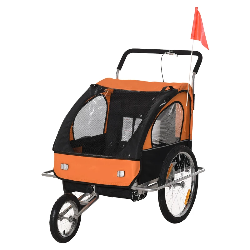 HOMCOM Kinderanhänger Fahrradanhänger Kinder Radanhänger für 2 Kinder mit Fahne Regenschutz atmungsaktiv Schwarz+Orange Stahl 142 x 85 x 105 cm