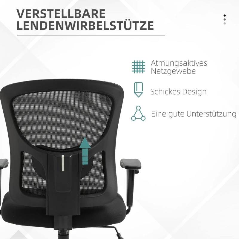 Vinsetto Mesh Bürostuhl Schreibtischstuhl Drehstuhl 360° drehbar mit Armlehne Höhenverstellbar mit Wippfunktion Belastbarkeit bis 180 kg Schwarz 71 x 63,5 x 100-110 cm