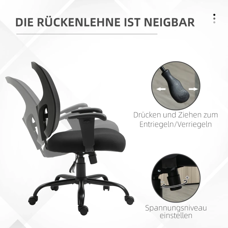 Vinsetto Mesh Bürostuhl Schreibtischstuhl Drehstuhl 360° drehbar mit Armlehne Höhenverstellbar mit Wippfunktion Belastbarkeit bis 180 kg Schwarz 71 x 63,5 x 100-110 cm
