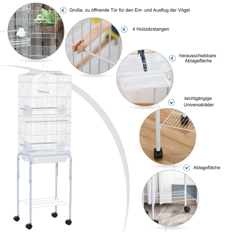 PawHut® Vogelhaus Vogelkäfig Vogelvoliere für Papagei Wellensittich Vogelbauer mit rollbarem Ständer Weiß 47,5 x 37 x 153 cm
