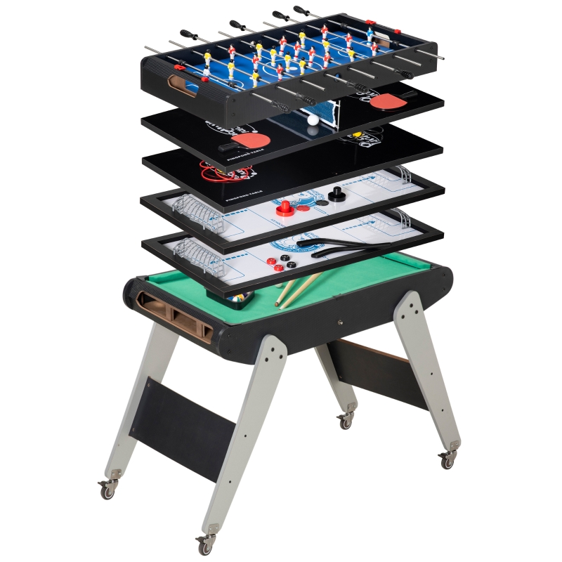 HOMCOM Mesa Multijuegos 6en1 para Niños de 7+ Años con Ruedas Billar Futbolín Ping-Pong Anillas Hockey 120x88x79cm Negro