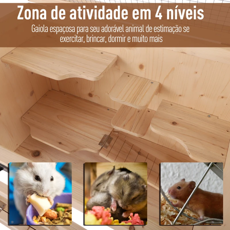 PawHut Gaiola de madeira para hamsters e outros pequenos roedores 60x40x120cm Madeira natural