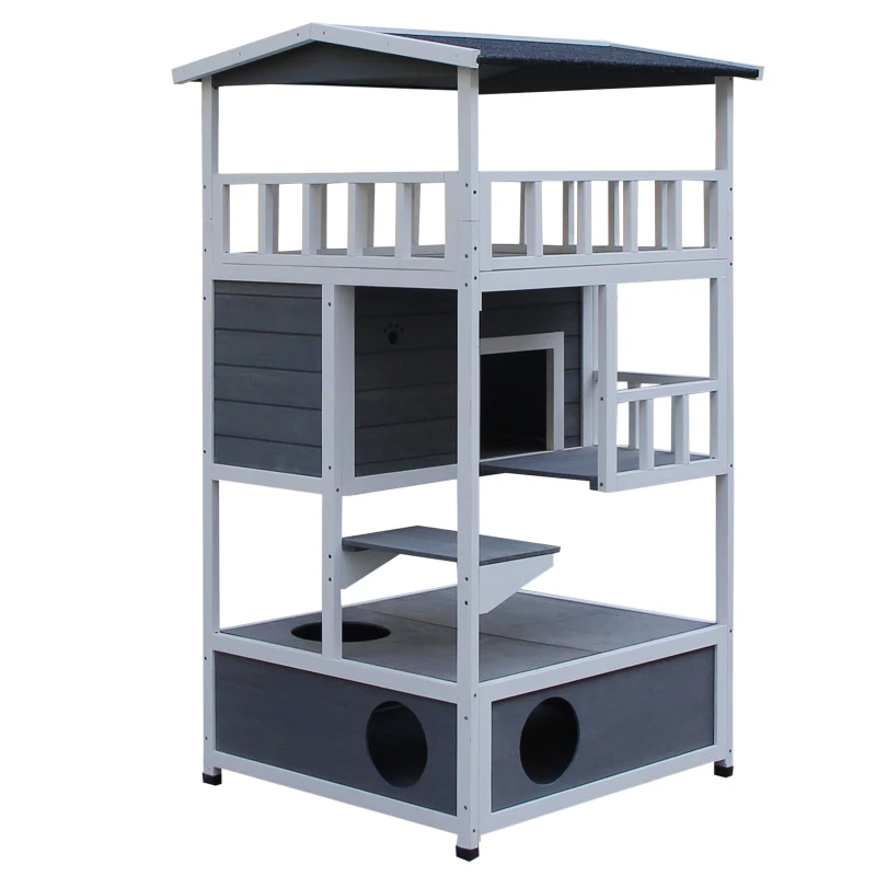 PawHut® Domek dla Kota 4-poziomowy z Toaletą Balkon Dach Asfaltowy Drewno Szary