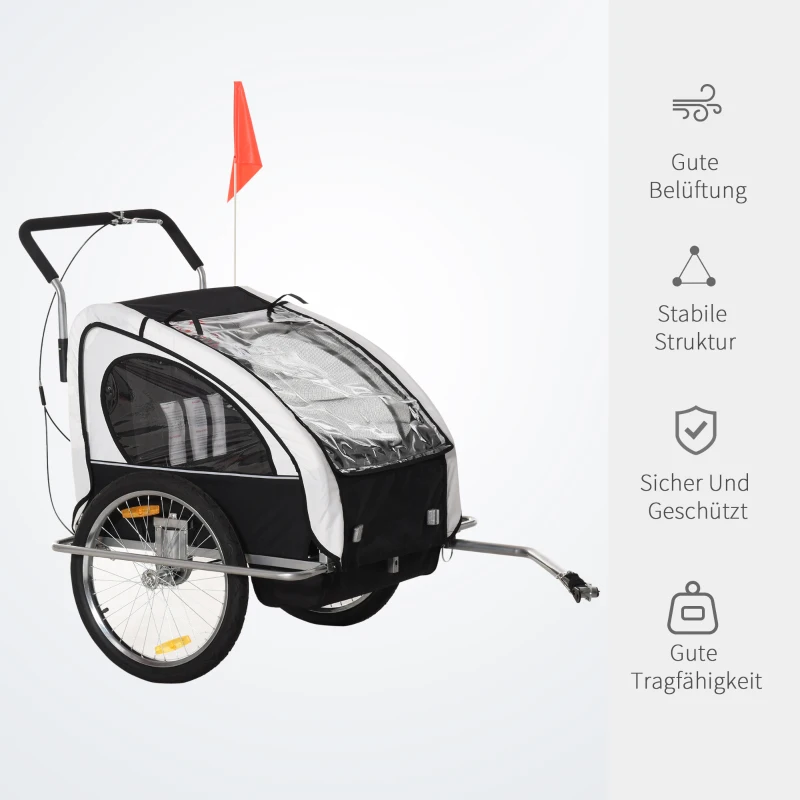 HOMCOM Kinderanhänger Fahrradanhänger Kinder Radanhänger für 2 Kinder mit Fahne Regenschutz atmungsaktiv Weiß-Schwarz Stahl 142 x 85 x 105 cm