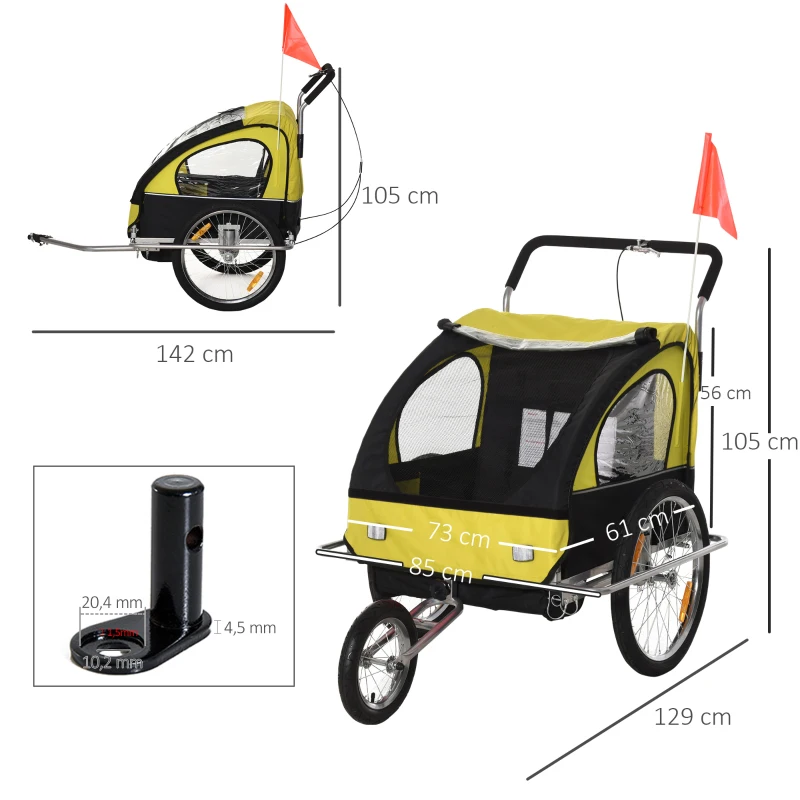 HOMCOM Kinderanhänger Fahrradanhänger Kinder Radanhänger für 2 Kinder mit Fahne Regenschutz atmungsaktiv Gelb-Schwarz Stahl 142 x 85 x 105 cm