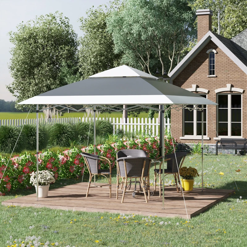 Outsunny Carpa de Fiesta Plegable 3,6x3,6 m Altura Ajustable en 3 Posiciones con Doble Techo y Bolsa de Transporte con Ruedas Marco de Acero Impermeable Gazebo para Jardín Exterior Gris y Blanco