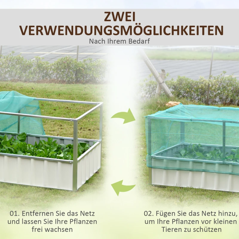 Outsunny Tuinbed plantenbak bloemenkast met gaasafdekking staal nylon wit + groen