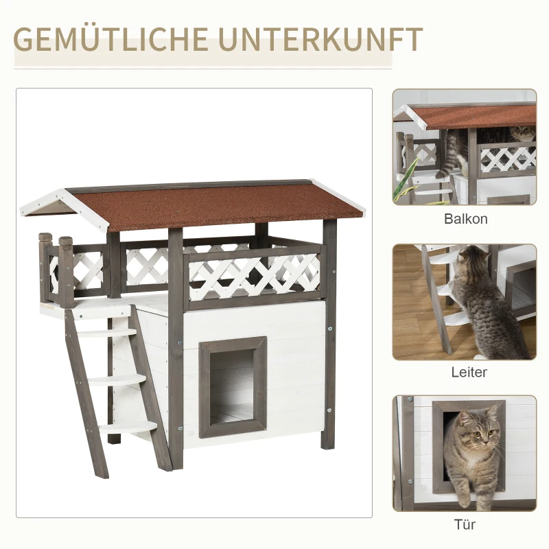 PawHut Katzenhaus Tannenholz Kleintierhaus für Katzen mit Terrasse und Treppe Katzenhöhle für drinnen und draußen wärmeisoliert wetterfest winterfest Weiß 77 x 50 x 73 cm