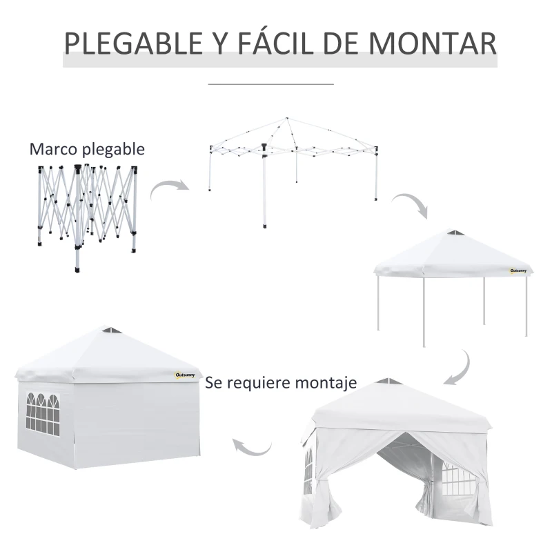 Outsunny Carpa Plegable 3x3 m con Altura Ajustable de 3 Niveles Cenador de Jardín con 4 Paredes Extraíbles 2 Ventanas 4 Sacos de Arena y Bolsa de Transporte Gazebo para Exterior Camping Blanco
