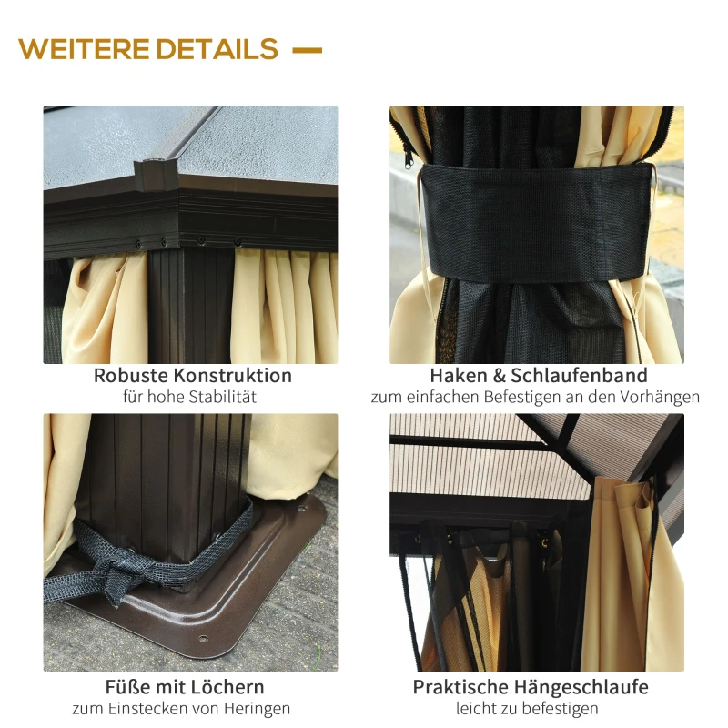 Outsunny Pawilon Ogrodowy Hardtop 4,2 x 3,6 m, Zasłony z Siatką Przeciwkomarową, Aluminiowa Konstrukcja, Brąz+Krem