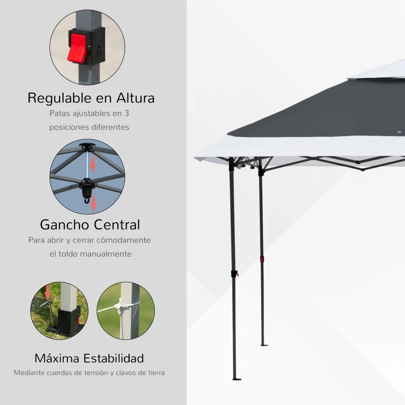 Outsunny Carpa de Fiesta Plegable 3,6x3,6 m Altura Ajustable en 3 Posiciones con Doble Techo y Bolsa de Transporte con Ruedas Marco de Acero Impermeable Gazebo para Jardín Exterior Gris y Blanco