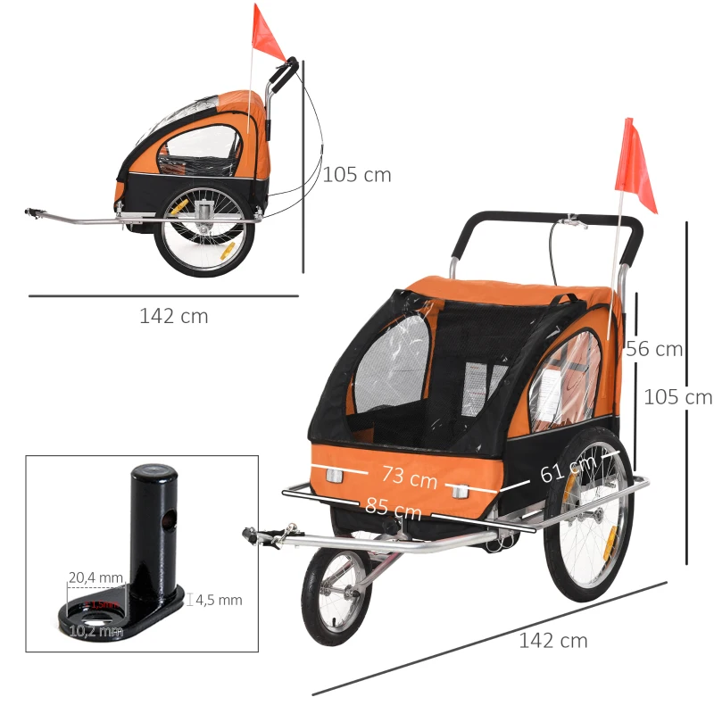 HOMCOM Kinderanhänger Fahrradanhänger Kinder Radanhänger für 2 Kinder mit Fahne Regenschutz atmungsaktiv Schwarz+Orange Stahl 142 x 85 x 105 cm